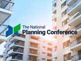 Urban Skyline with "The National Planning Conference" Event Banner