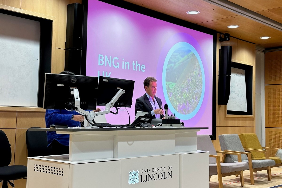 David Hill moderating a panel discussing BNG in the UK at the University of Lincoln